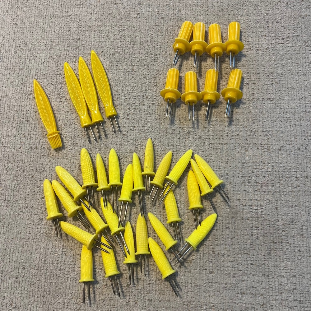 Vintage Corn on the Cob Holders Lot 30 + Yellow Plastic Basting Brush Forks